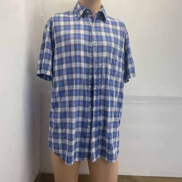 Eddie Bauer Short Sleeve Button Up Shirt Plaid  Blue Cotton Men Size‎ S Cotton - Picture 1 of 9